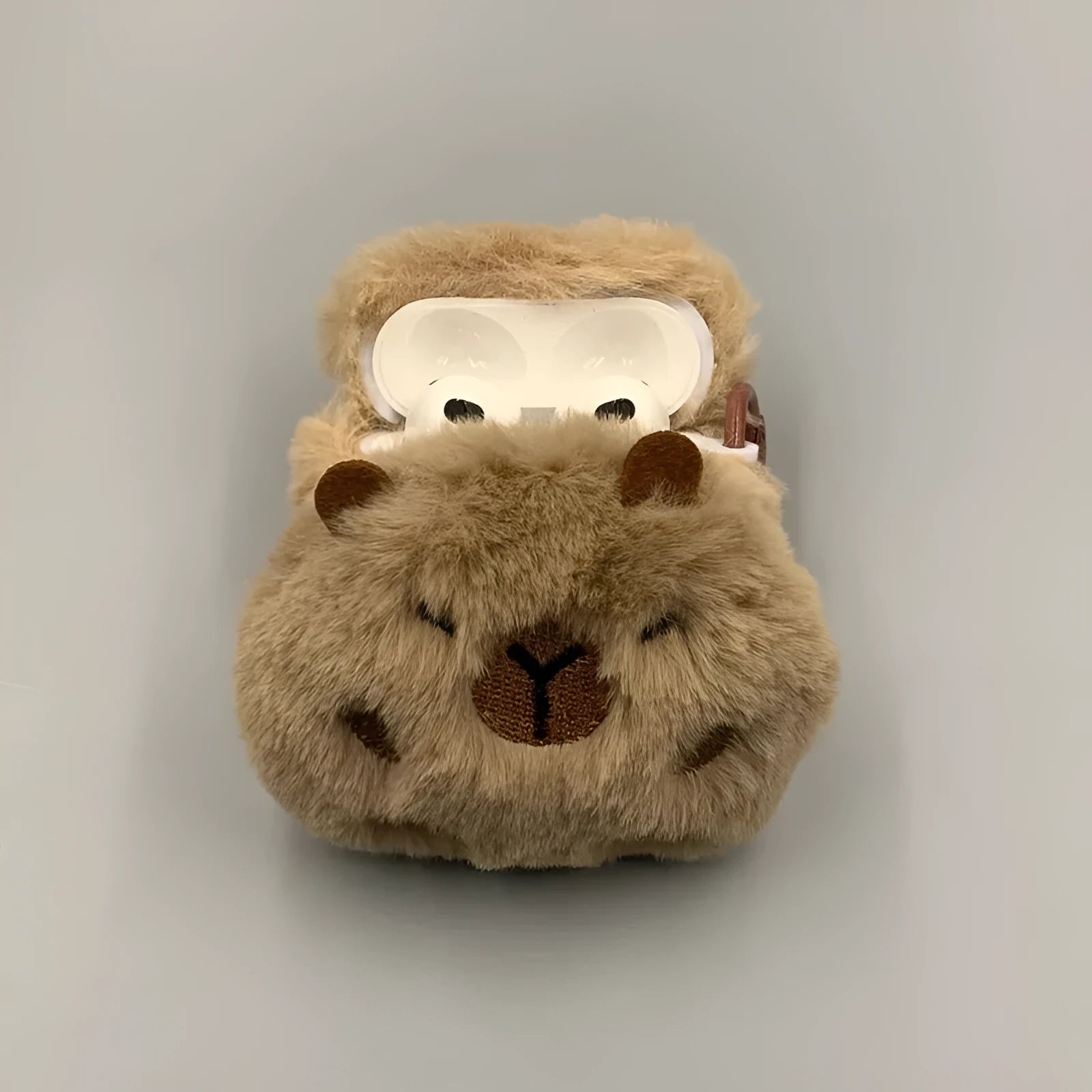 Three-dimensional plush brown capybara earphone sleeve for Apple AirPods with embossed TPU cover