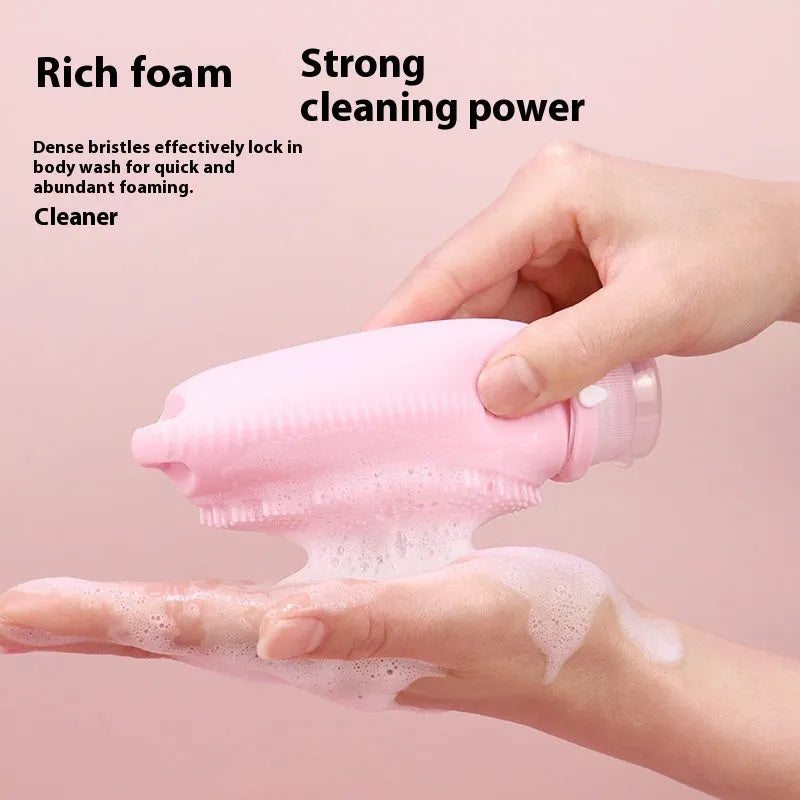 Silicone bath brush storage bottle in pink, flesh, orange, sea blue, grey blue, grey yellow, light green, and light grey colours.