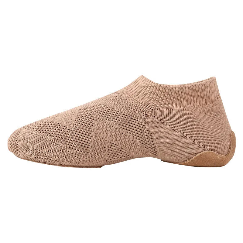 Camel coloured Latin dance shoes with cotton and mesh uppers and leather soles