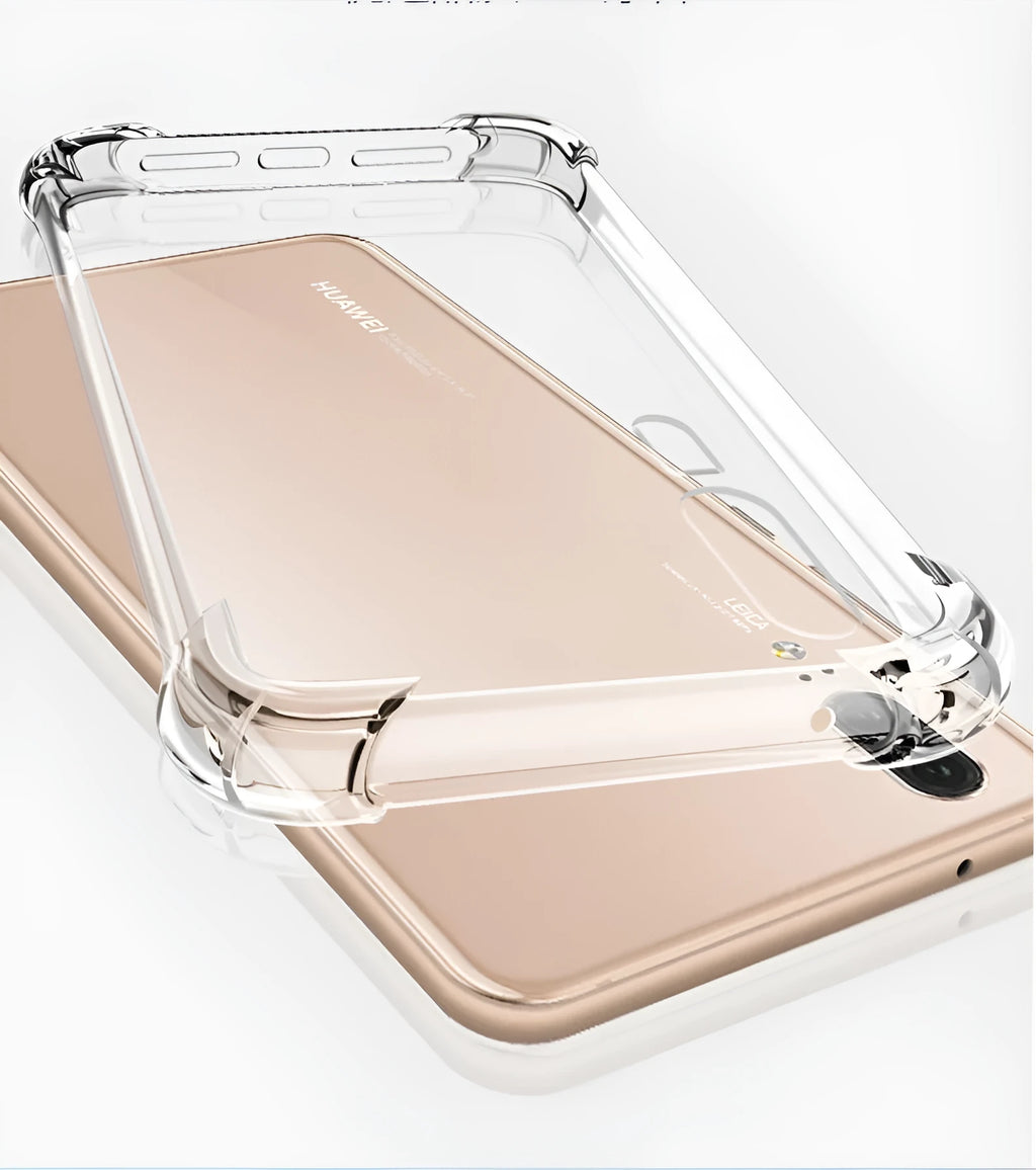 Transparent airbag drop-resistant phone case on Huawei smartphone showing clear protective coverage