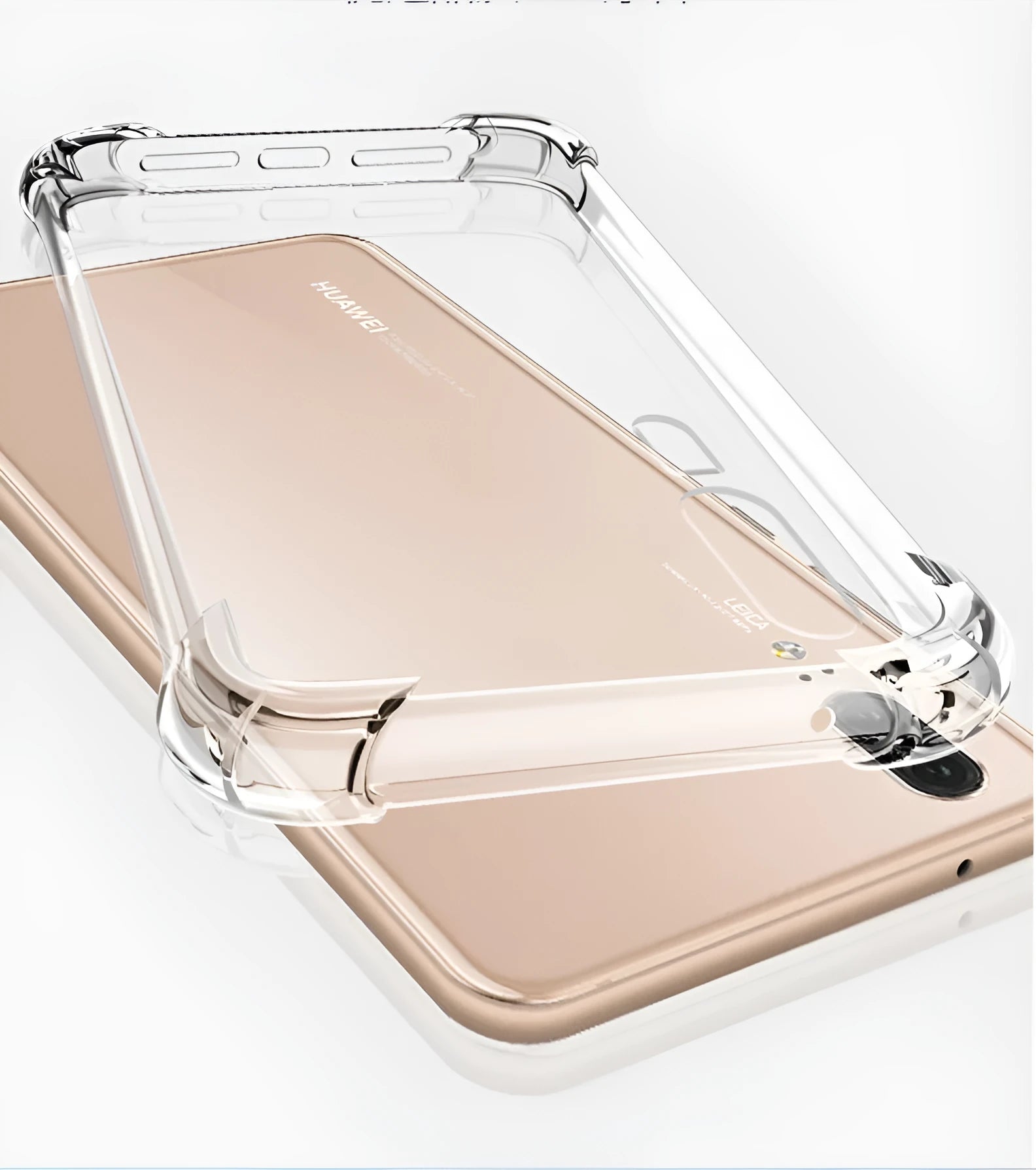 Transparent airbag drop-resistant phone case on Huawei smartphone showing clear protective coverage