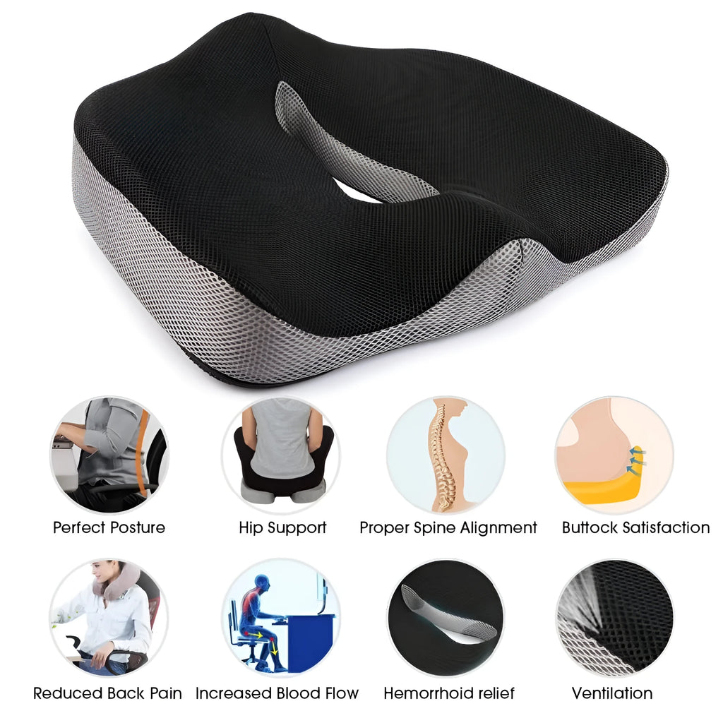 Black and gray coccyx memory foam seat cushion 45x38x13cm on a chair