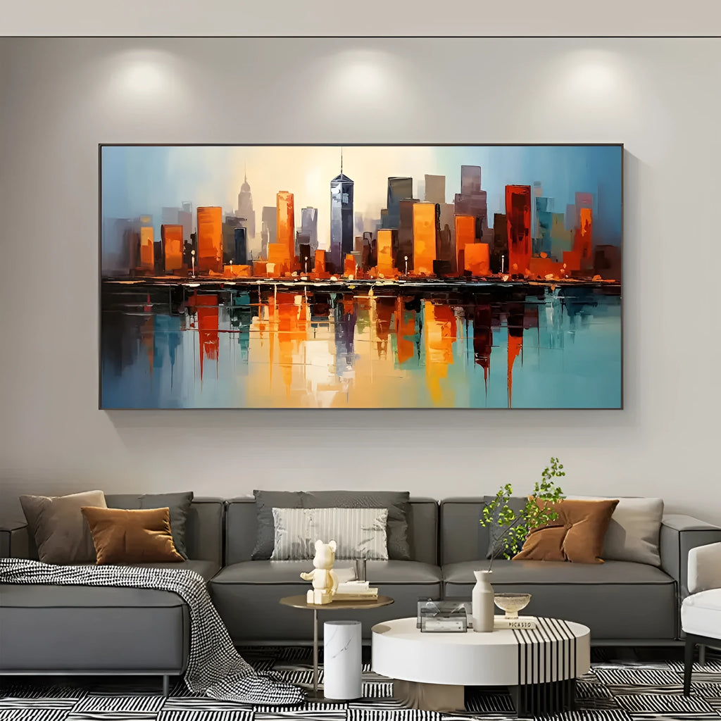 Handmade oil painting on canvas, modern abstract urban architectural street scene, frameless rolled horizontal artwork for wall decor