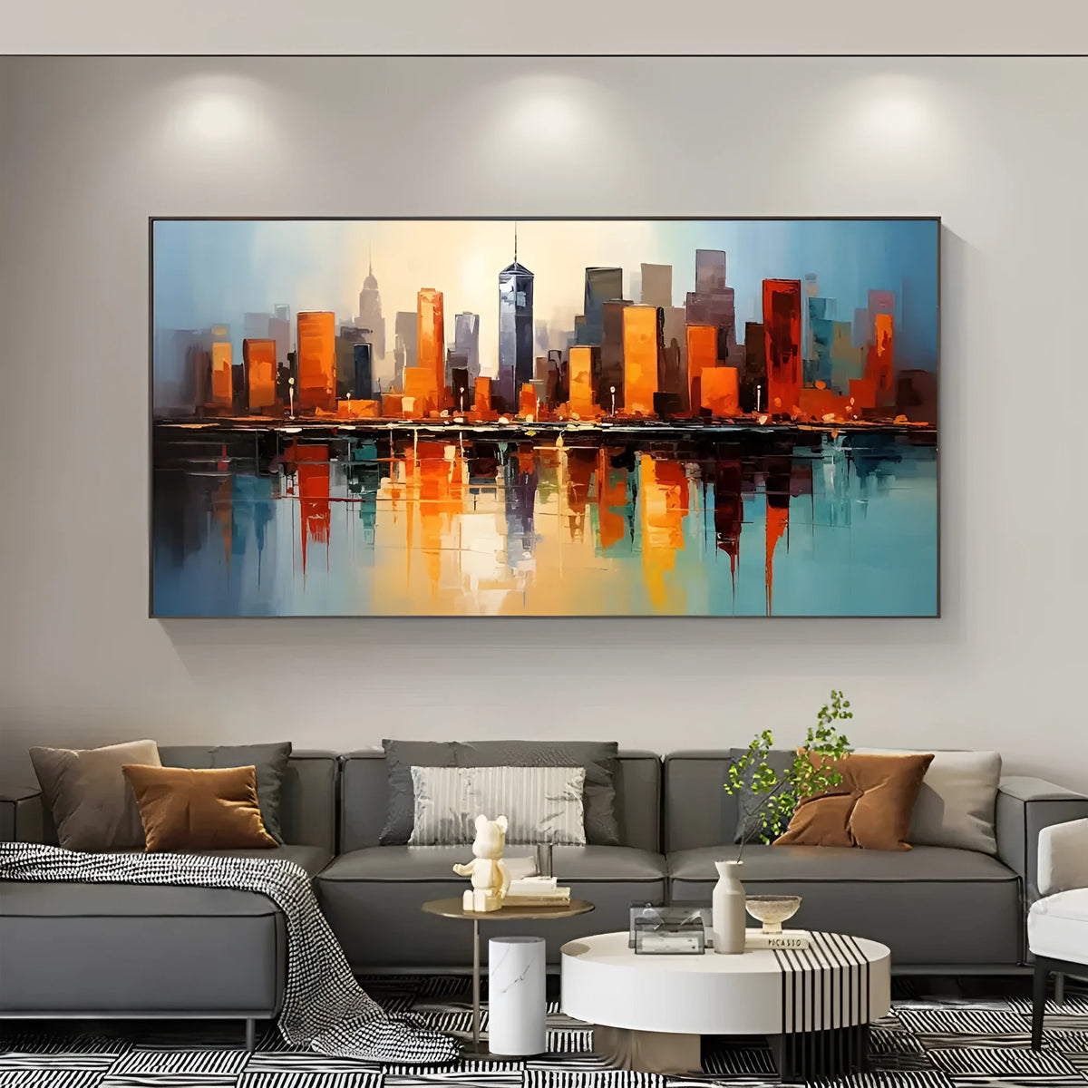 Handmade oil painting on canvas, modern abstract urban architectural street scene, frameless rolled horizontal artwork for wall decor