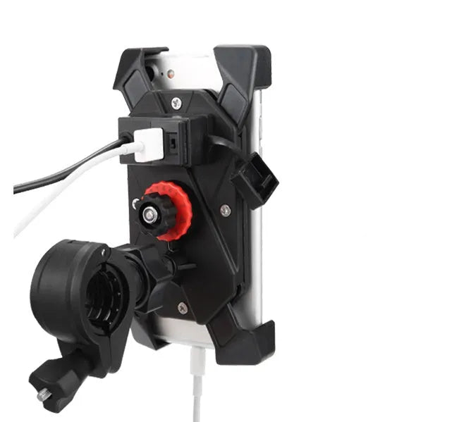 Black ABS motorcycle phone holder mounted on handlebar with adjustable clamp and USB charging cable