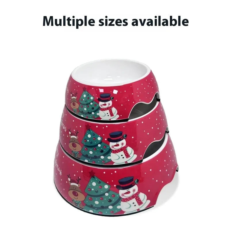 Red Christmas pet bowl with stainless steel double-layer construction in three size options for dogs and cats