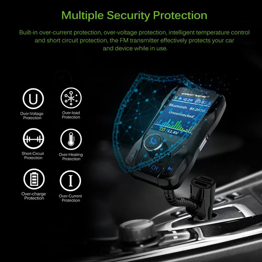 Black car Bluetooth FM transmitter with colour screen and dual USB ports for charging Apple and Android devices