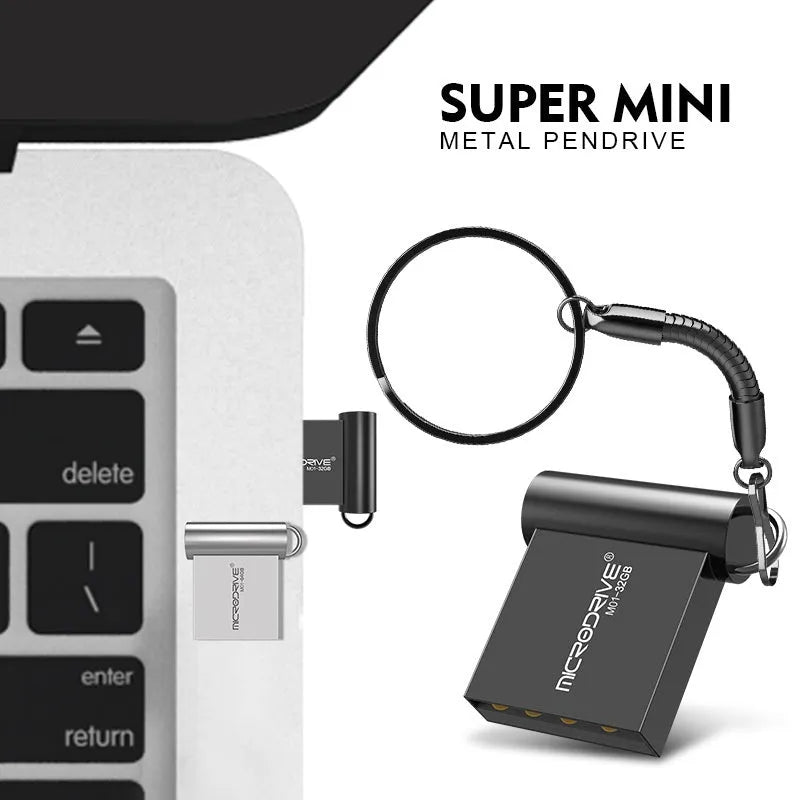 Mini metal USB flash drive with USB 2.0 interface, shown in black or silver and available from 4GB to 128GB.