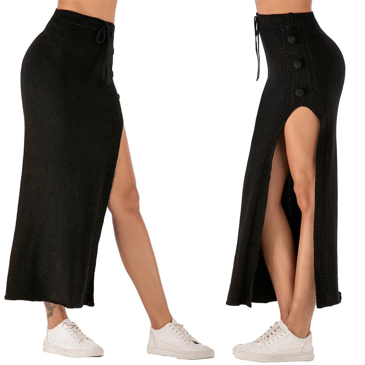 Women's slim-fit woolen skirt in acrylic fabric with side split detail in black, pink, or grey colour options