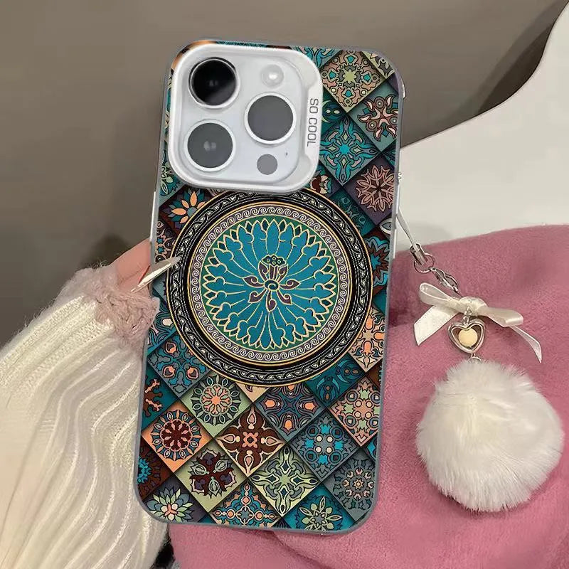 Ethnic style patterned hard PC phone case for iPhone in black, dark green, silver, and deep purple with matte anti-slip finish.