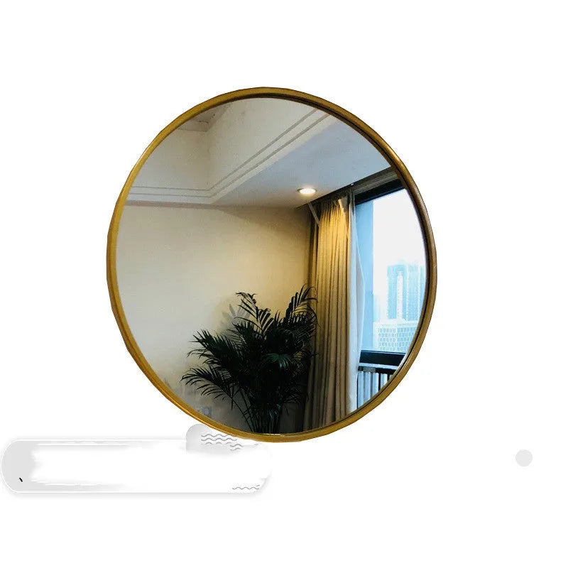 Round Nordic style bathroom wall mirror with iron frame in black, white, or gold colour, 30cm diameter.
