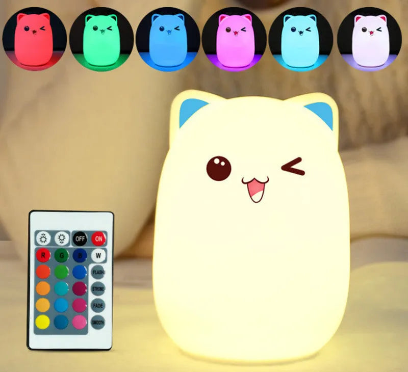 Silicone bear night light in blue or pink, 100x100x135mm, with clap or remote control and USB charging cable