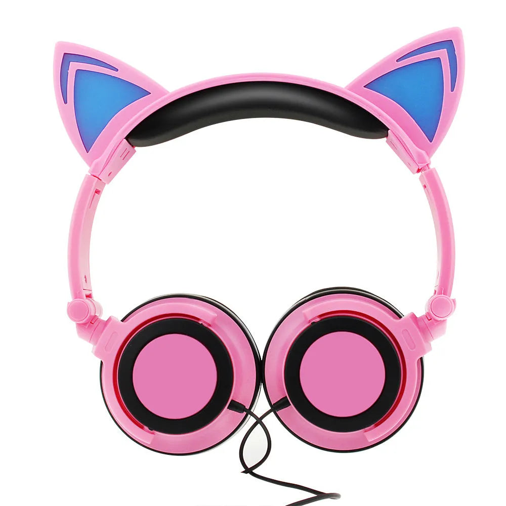 LED cat ear headphones showing illuminated blue ears and cushions on a black headband