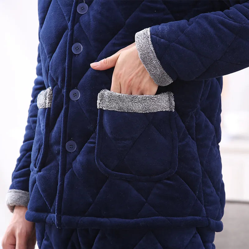 Thick quilted blue pyjama set with embroidery, knitted lapel collar top and trousers on hanger