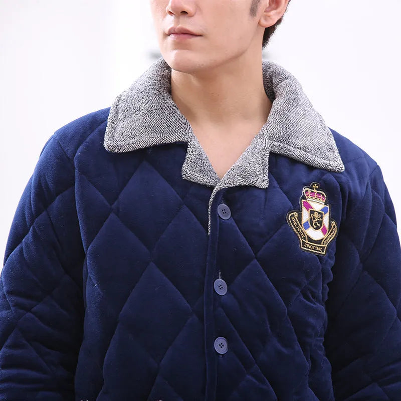 Thick quilted blue pyjama set with embroidery, knitted lapel collar top and trousers on hanger