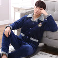 Thick quilted blue pyjama set with embroidery, knitted lapel collar top and trousers on hanger