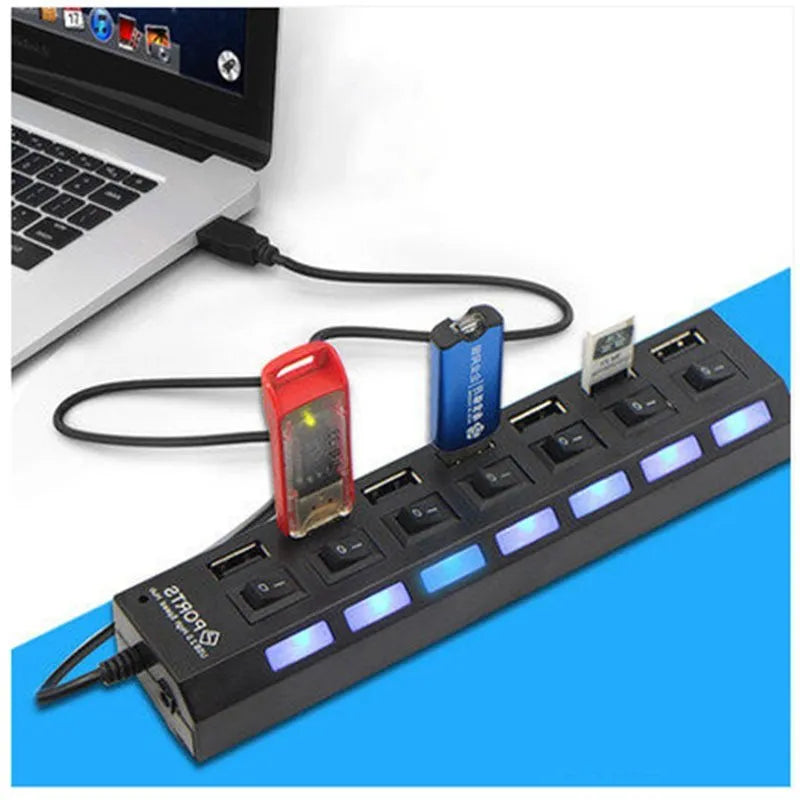 Black and white USB hub switch showing 4-port and 7-port models for laptop and desktop computers.