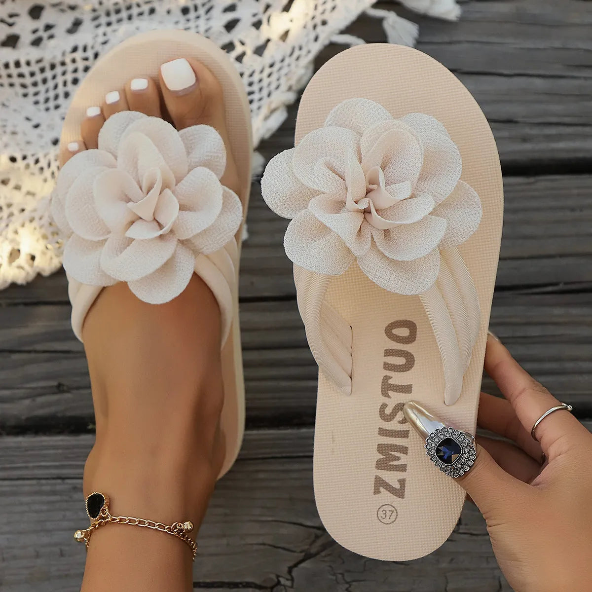 Plus size floral embroidery slippers in green, rose red and creamy-white colours with PU construction