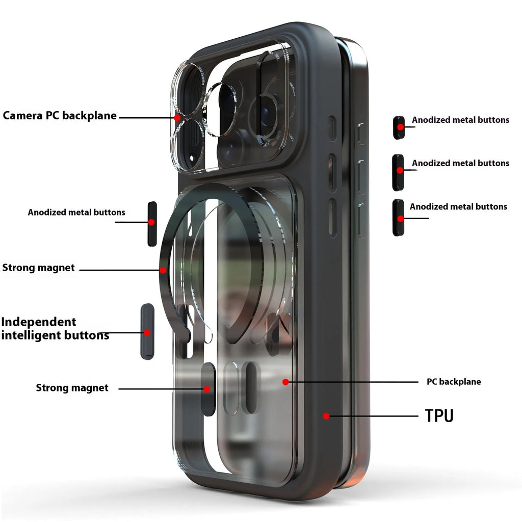 iPhone 17 Pro Max two-in-one magnetic phone case in black, dark blue, and white colours