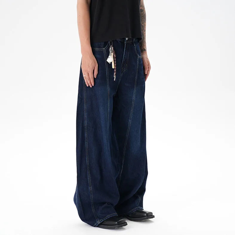Washed distressed dark blue wide leg women's jeans with loose fit and denim fabric