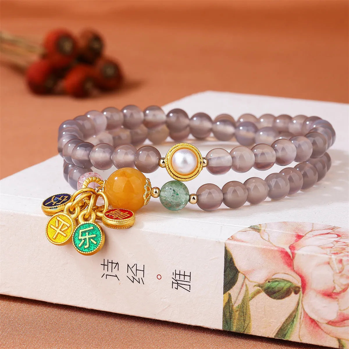 Natural grey agate bracelet with two circles and safe and happy design for women