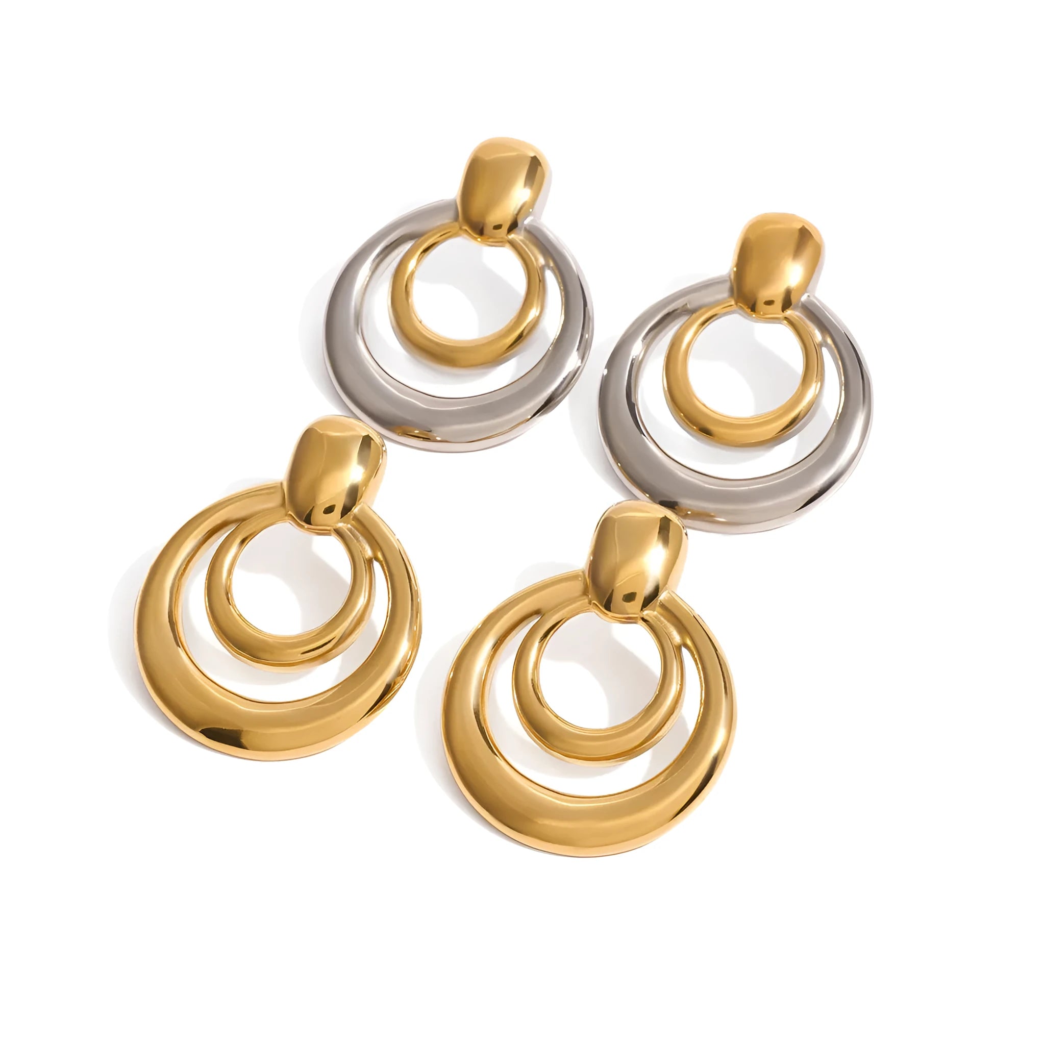 Golden round double layer hollow stud earrings with titanium steel construction and 18k gold plating