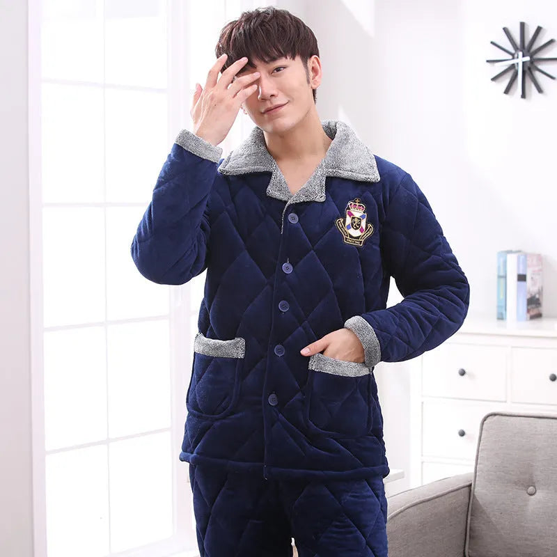 Thick quilted blue pyjama set with embroidery, knitted lapel collar top and trousers on hanger