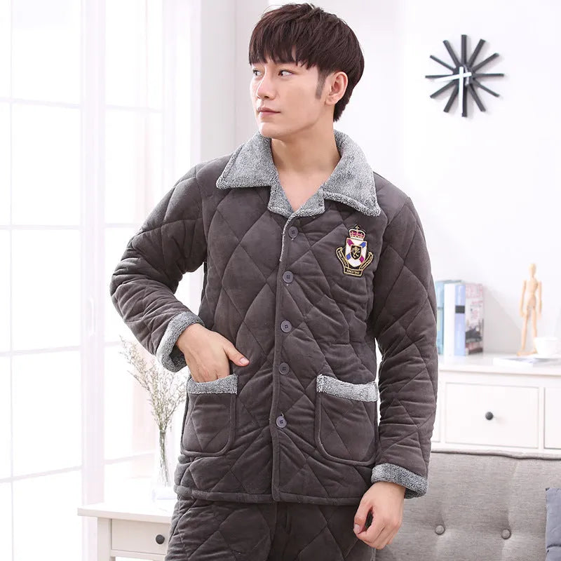 Thick quilted blue pyjama set with embroidery, knitted lapel collar top and trousers on hanger