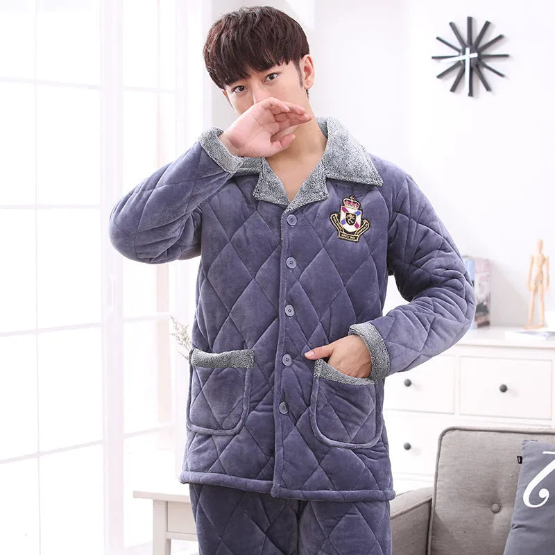 Thick quilted blue pyjama set with embroidery, knitted lapel collar top and trousers on hanger