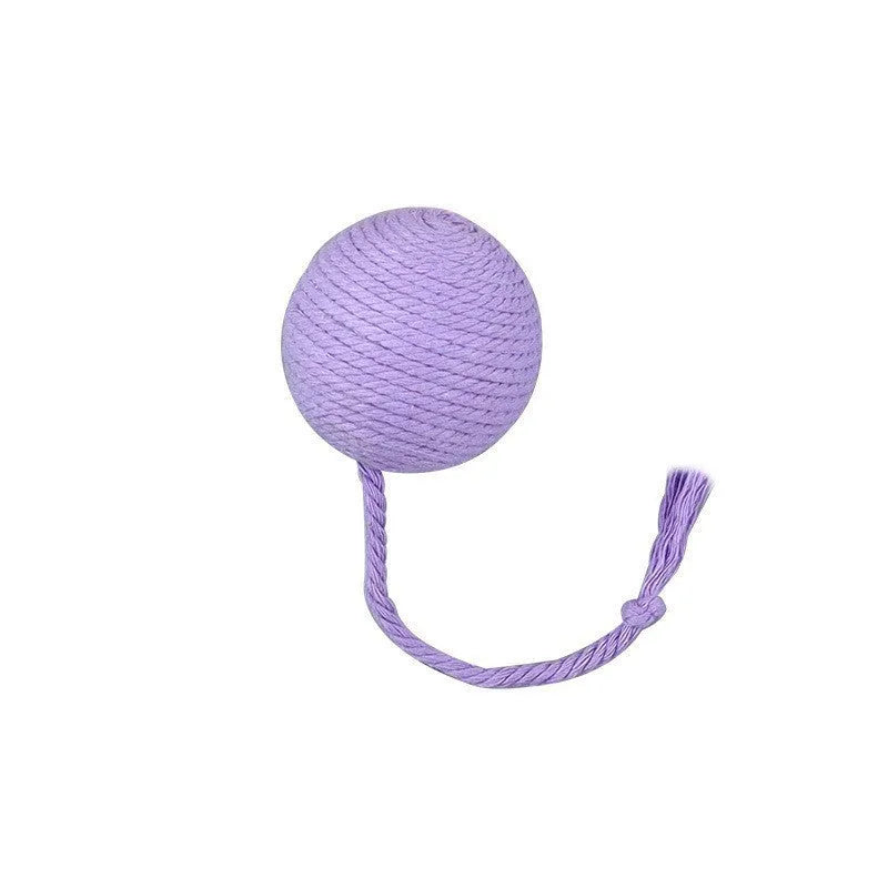 Cat toy ball with rope handle in green, pink, purple or yellow colours with internal bell
