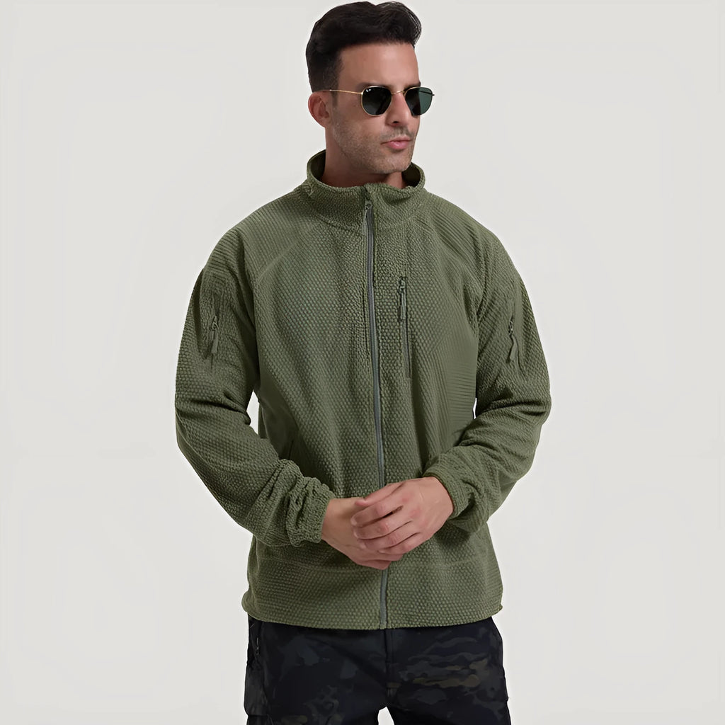 Men's polar fleece cycling jacket in solid colour, available in army green, black, brown, and gray, sizes S to 3XL