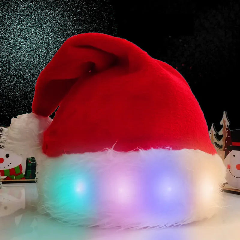 Red and white plush Santa hat with multicoloured LED lights glowing around brim and pom-pom decoration