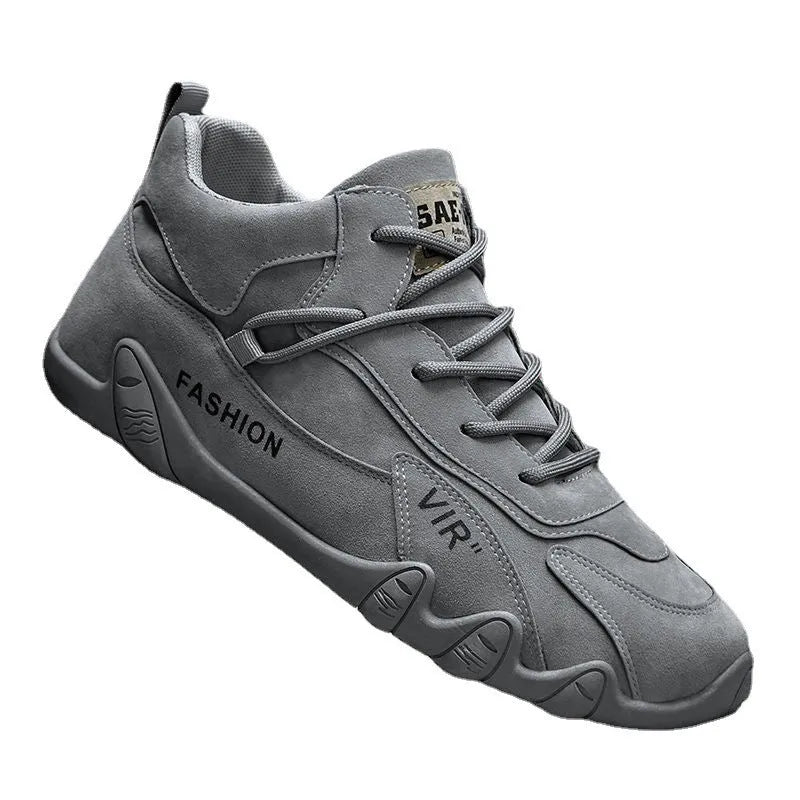 Men's grey low-top slip-on casual shoes with synthetic leather upper and rubber sole