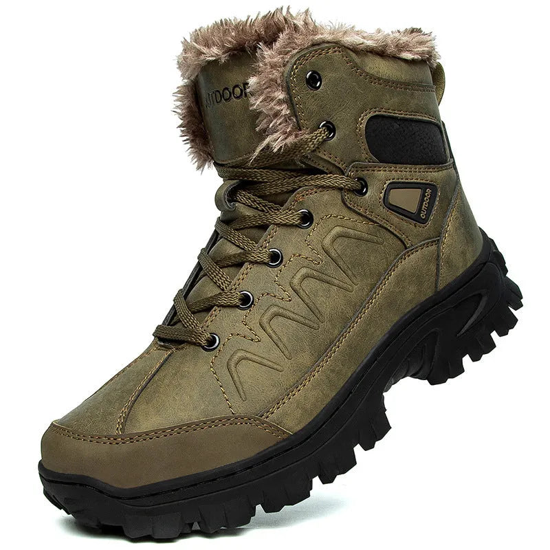 Men's plus size warm high top outdoor cotton shoes in black with rubber sole and wedge heel