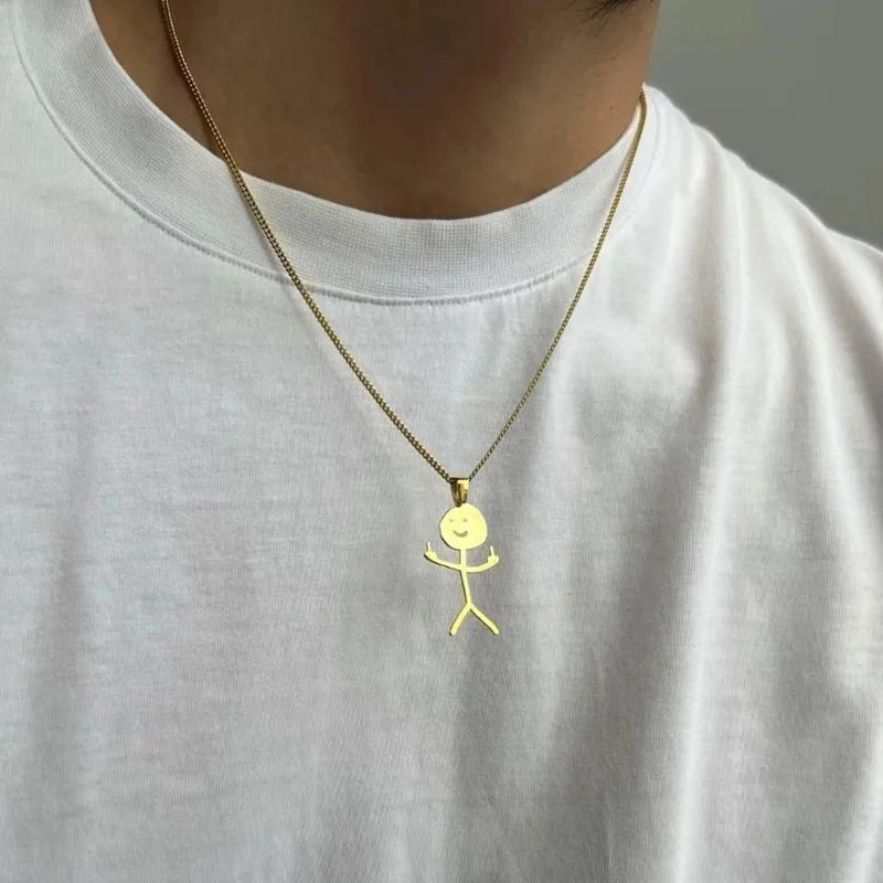 Silver stainless steel stick figure pendant necklace middle finger gesture smiley face on link chain