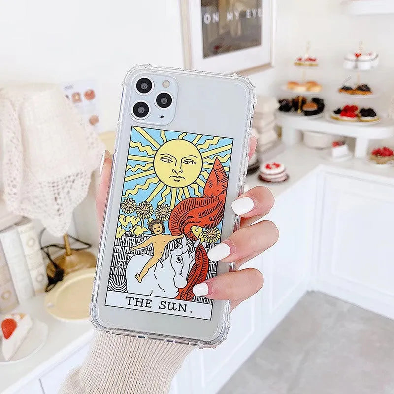 Creative Mythology graffiti design silicone TPU back cover case for iPhone on a sun-coloured background.
