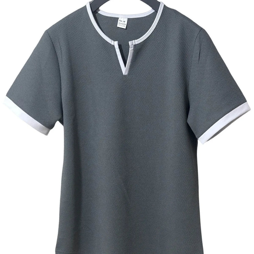Men's colour-block V-neck short-sleeve sports T-shirt on a hanger, showing waffle texture and multiple colour options.