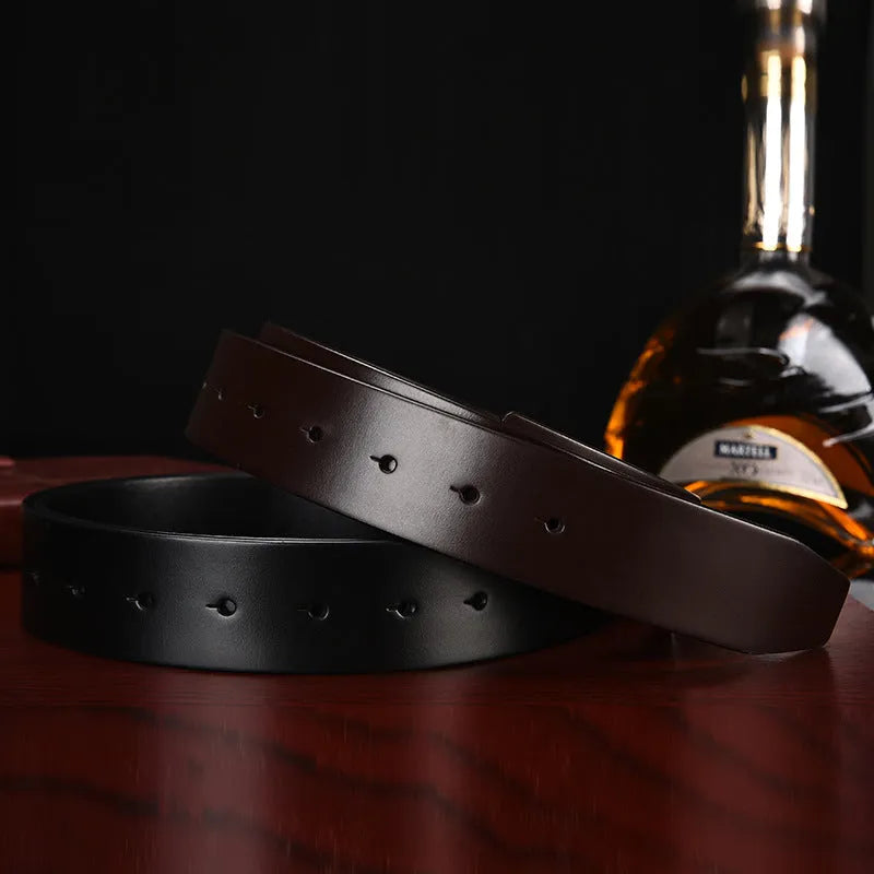 Men's headless buckle leather belt, first layer cowhide, 3.5cm wide, shown in black and coffee colour
