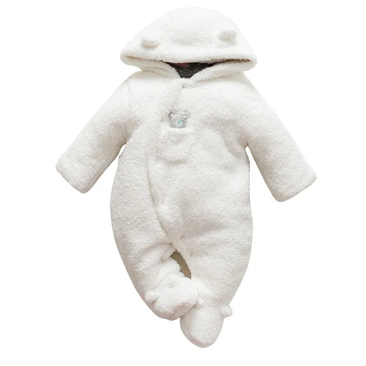 Cotton lamb baby winter romper suit in brown, showing long sleeves and feet covering.