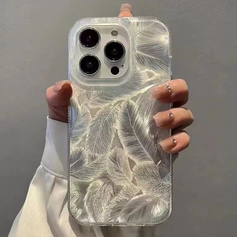 Feather pattern gradient TPU phone case in silver grey with three-dimensional relief design for iPhone