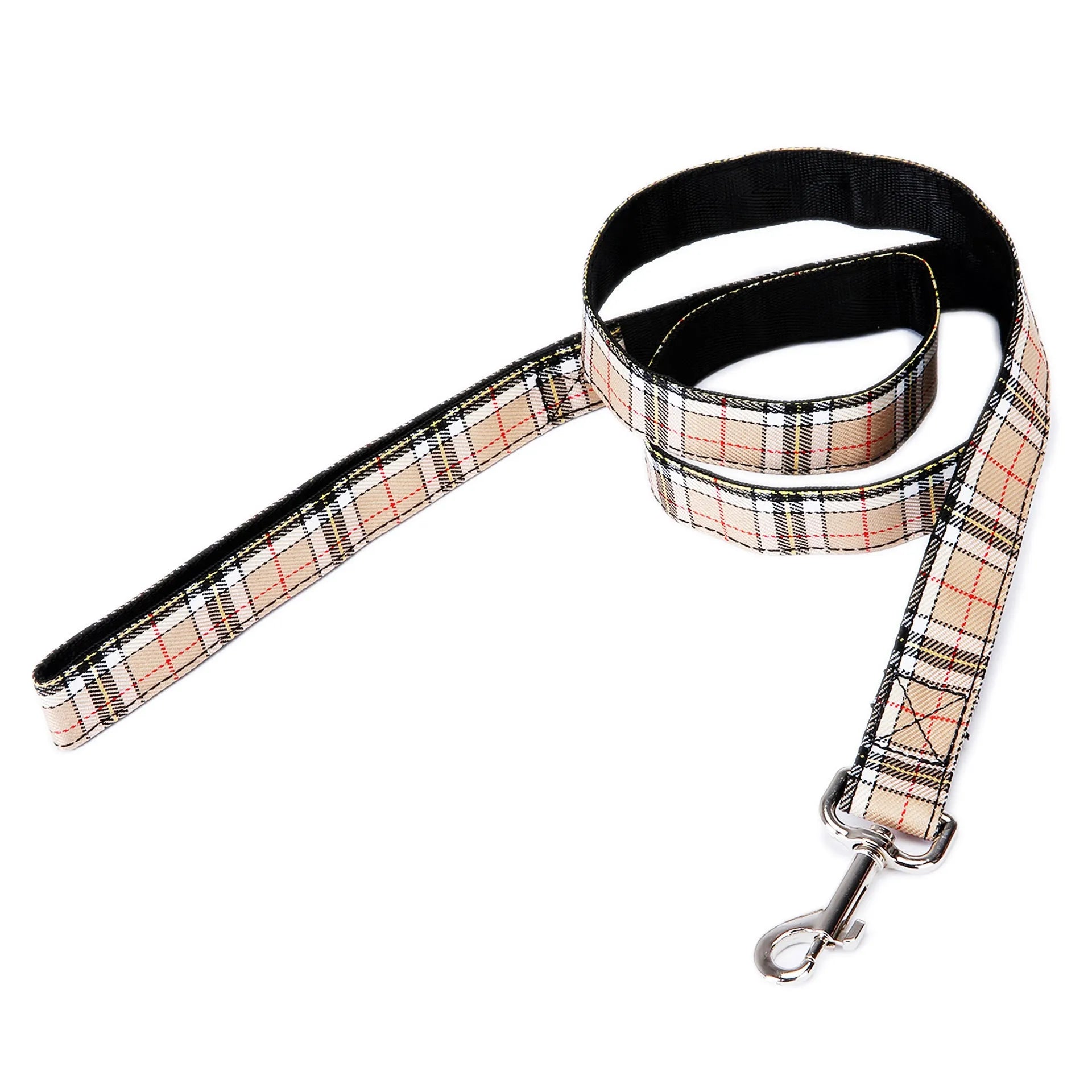 Black pet traction rope with plaid stripe design showing 120cm length