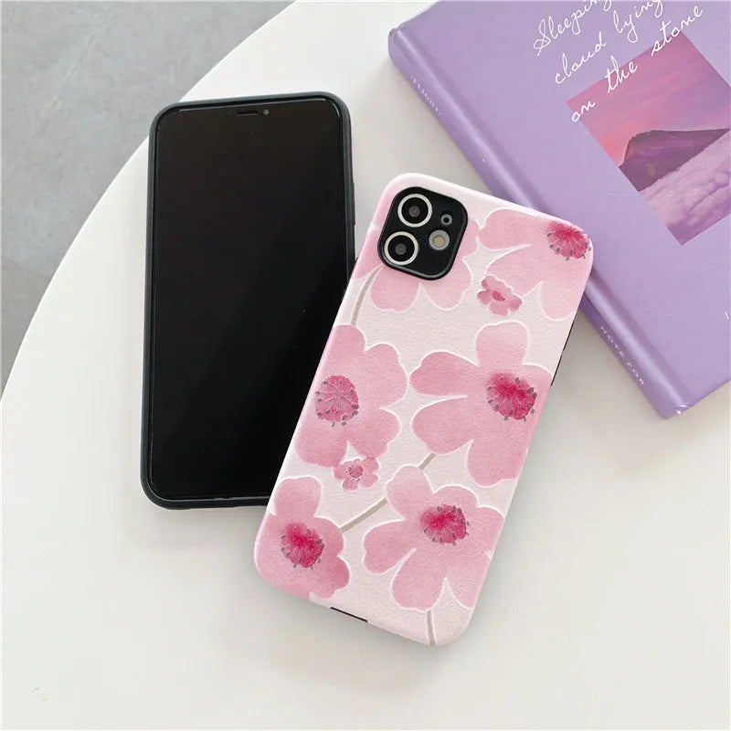 Pink floral soft rubber phone case for iPhone with lanyard hole