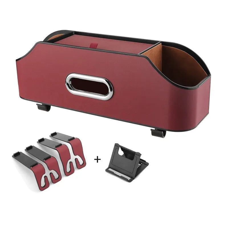 Genuine leather car tissue box holder with water cup storage compartment