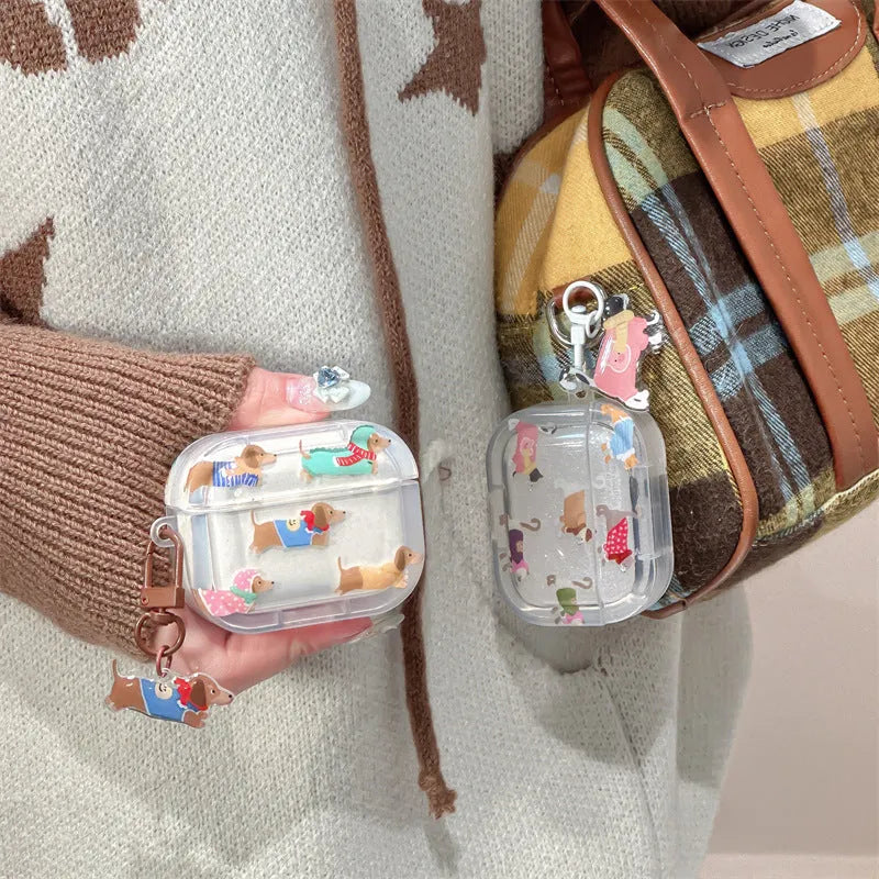 Gradient sausage dog TPU soft shell earphone protective case for AirPods with embossed cartoon design and pendant loop
