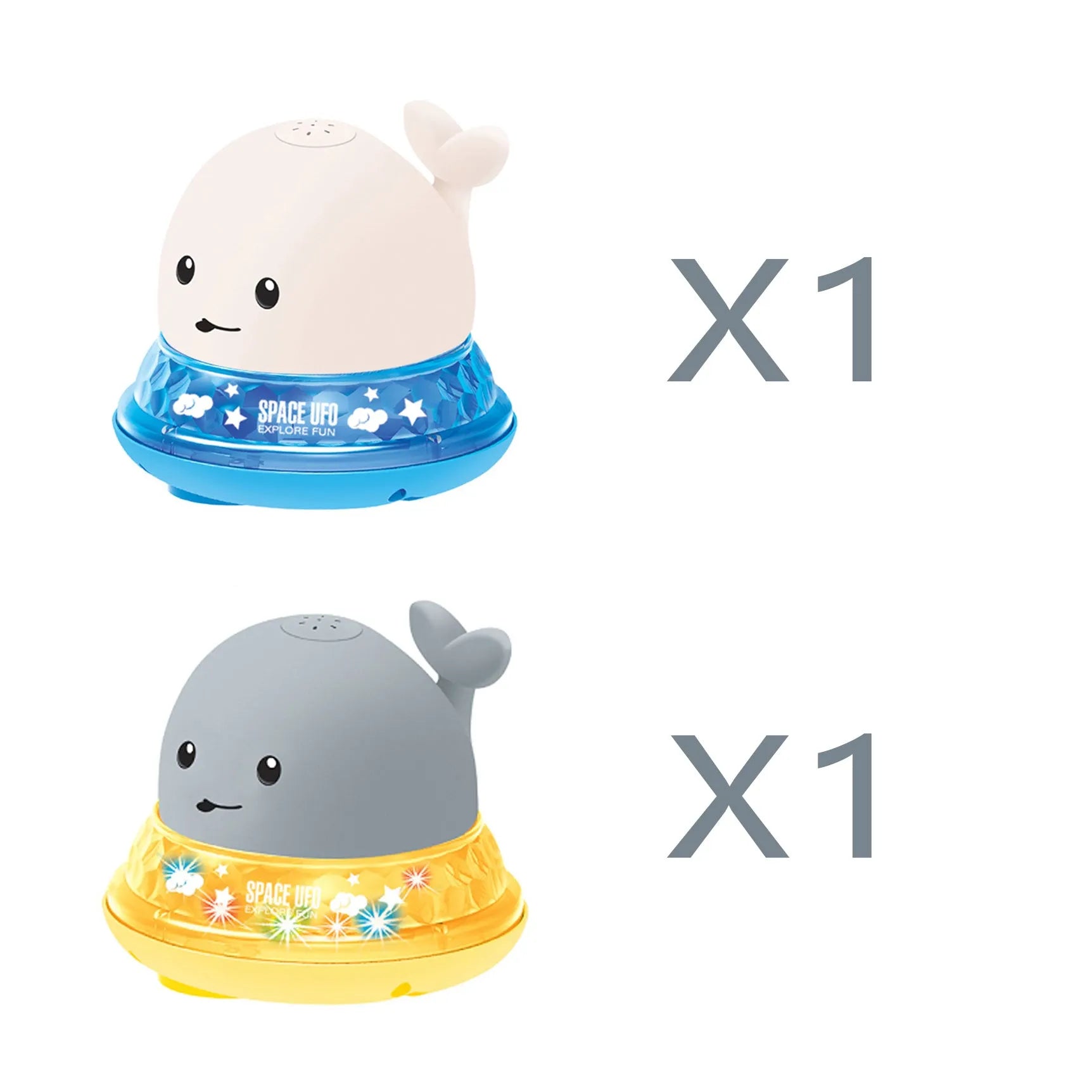 Whale-shaped electric bath toy spraying water with flashing lights, floating in baby bathtub