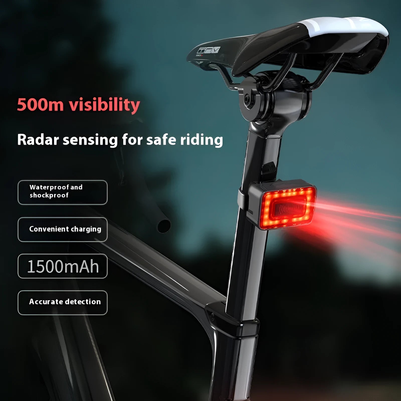 Smart millimetre wave radar detection bicycle tail light with dual mounting bracket.