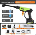 Wireless high-pressure water gun with green overpressure handle and multiple spray nozzle attachments