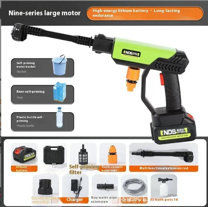Wireless high-pressure water gun with green overpressure handle and multiple spray nozzle attachments