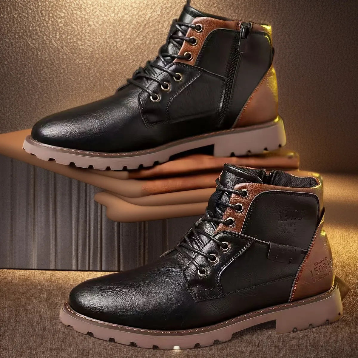 Men's brown leather-style ankle boot with a side zip and round toe on a rubber sole.