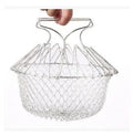 Stainless steel foldable frying basket with square grid design and handle